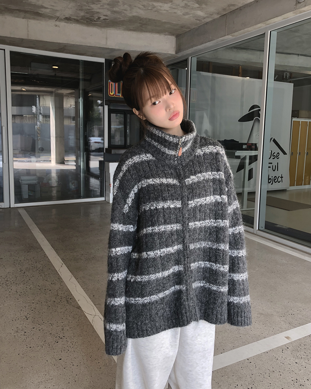 CRESCENT　カーディガン　ジップアップ　ニット　フード　ボーダー ジップアップハイネックルーズボーダーカーディガン | レディース