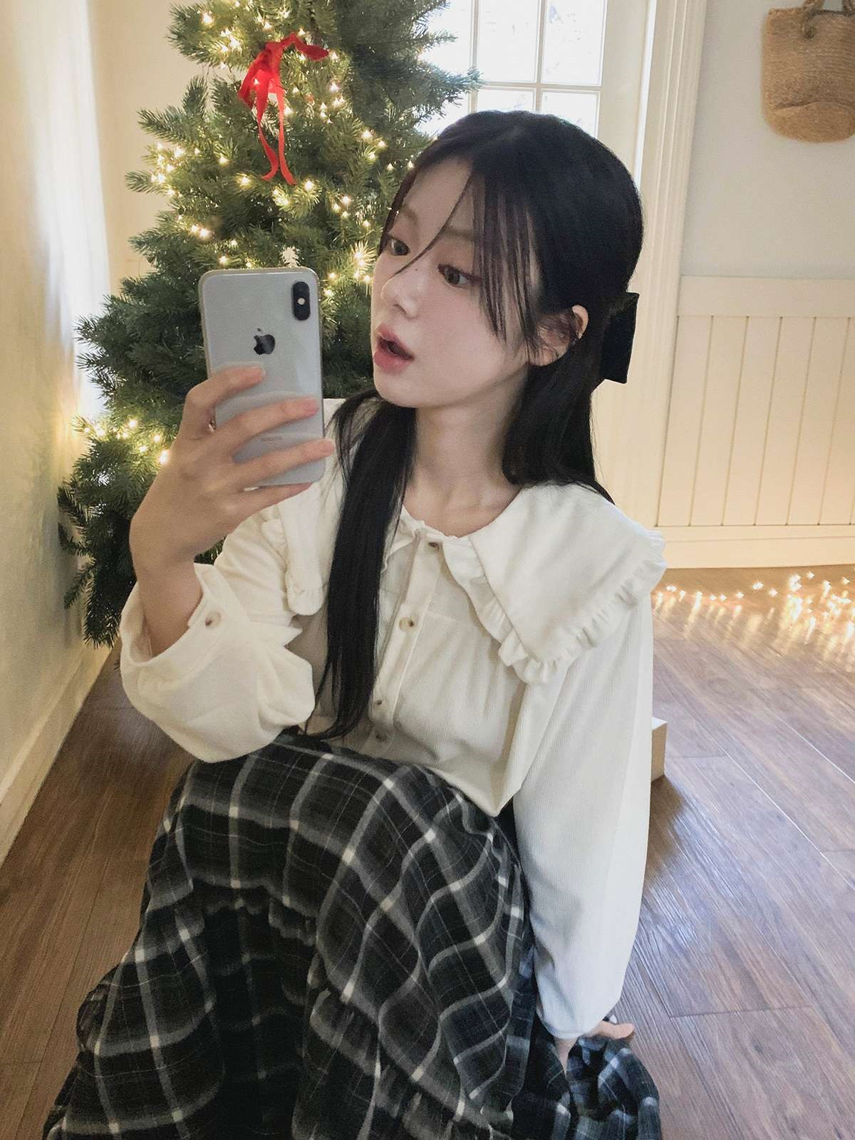 コーデュロイコットンボタンカラー長袖ブラウス | 詳細画像2