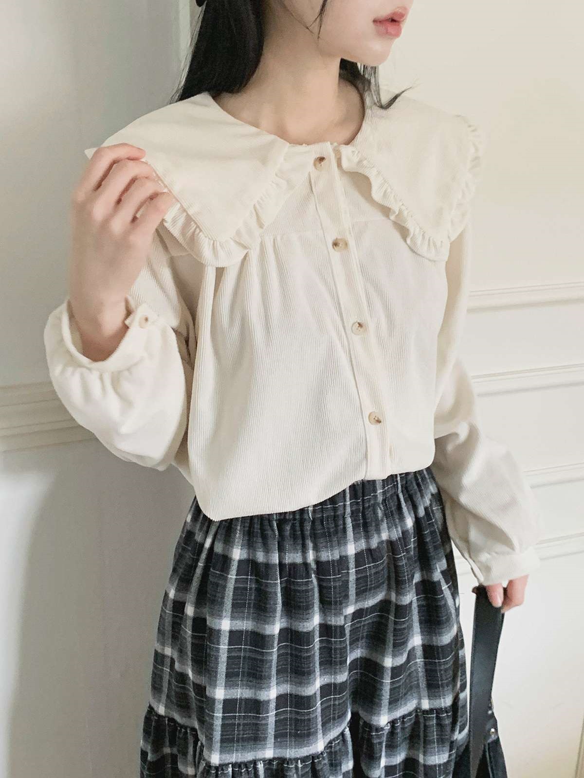 コーデュロイコットンボタンカラー長袖ブラウス | 詳細画像12