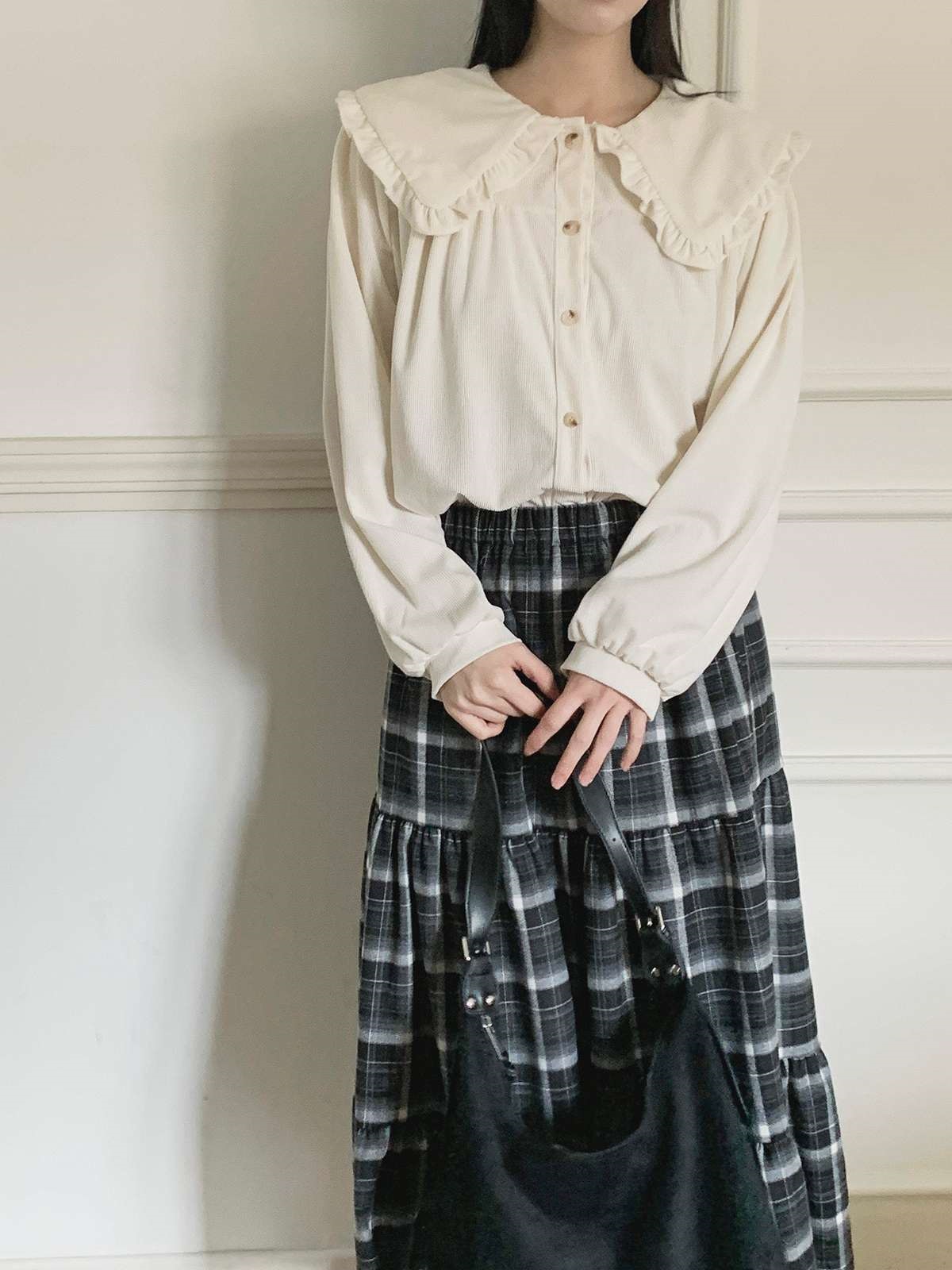 コーデュロイコットンボタンカラー長袖ブラウス | 詳細画像13