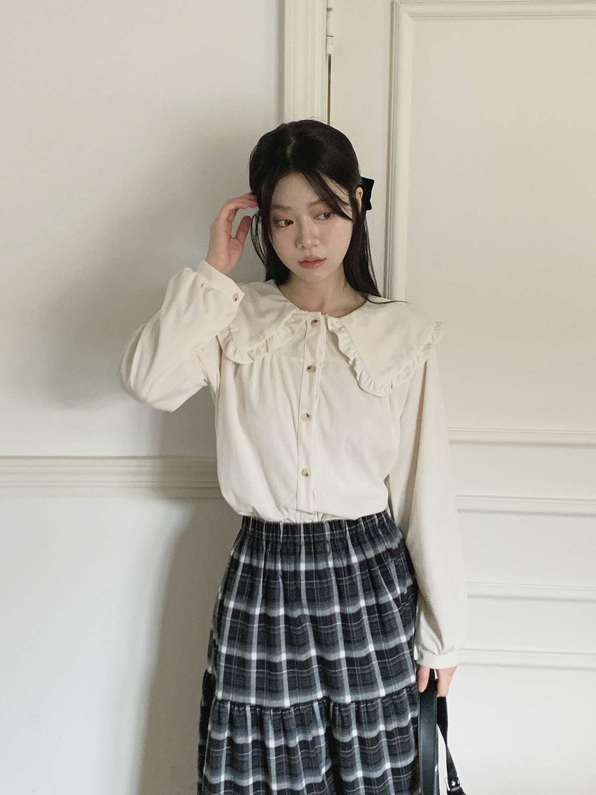 コーデュロイコットンボタンカラー長袖ブラウス | 詳細画像15