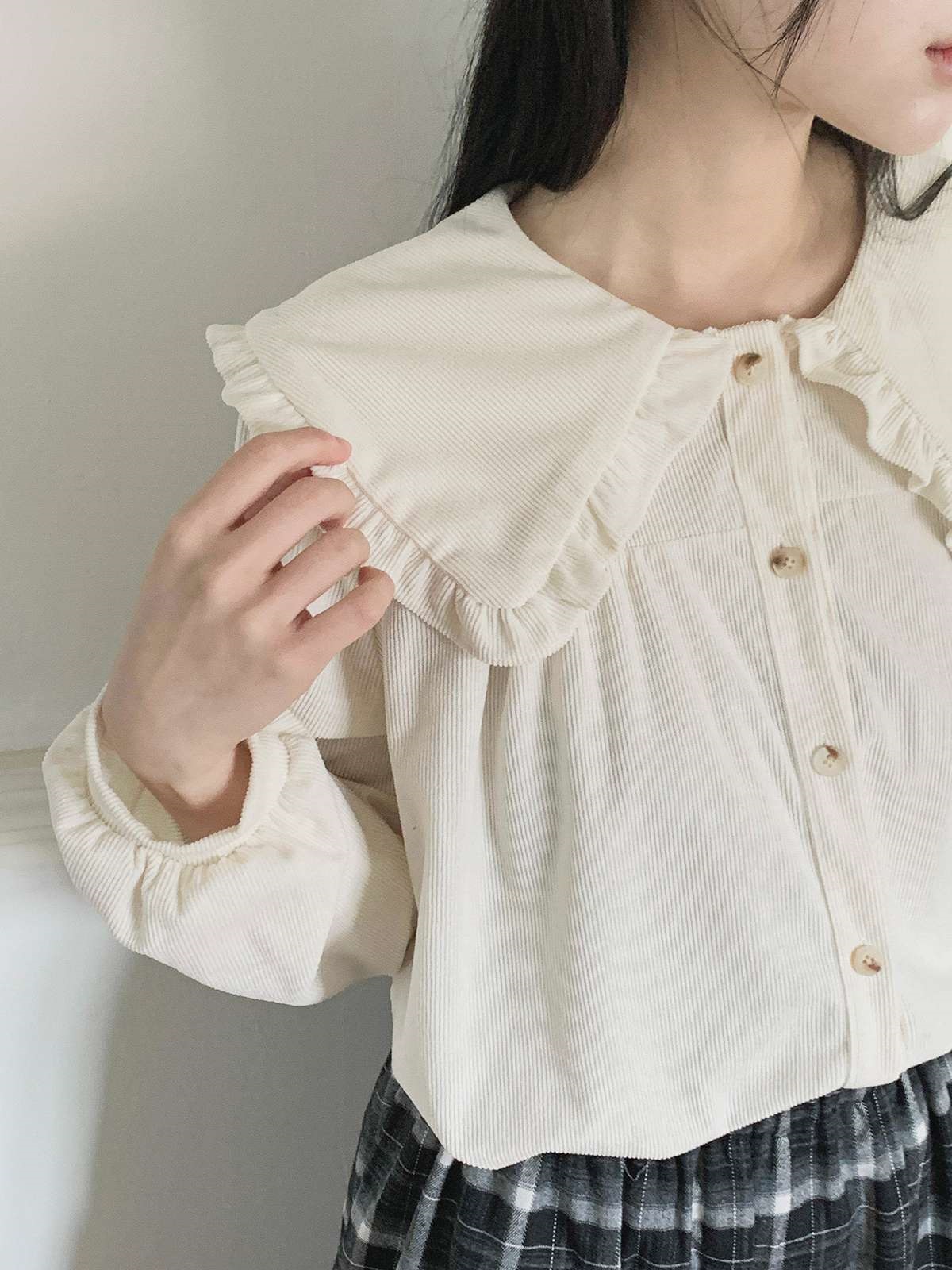 コーデュロイコットンボタンカラー長袖ブラウス | 詳細画像16