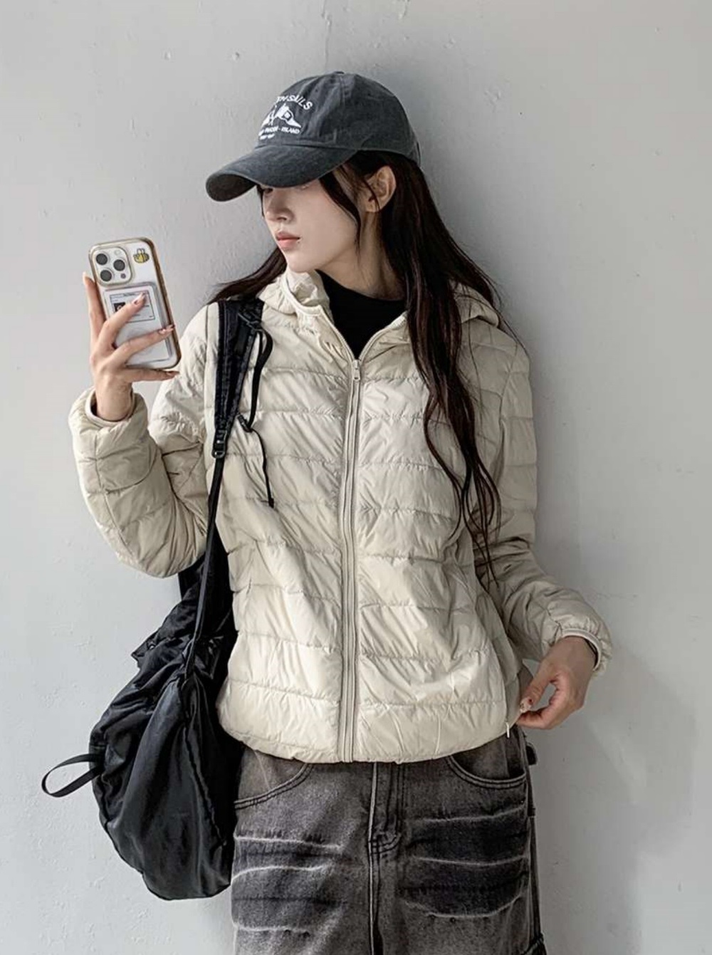 ポーチ付ダックダウン中綿ジップアップフードポケット長袖軽量ダウンジャケット | 詳細画像3