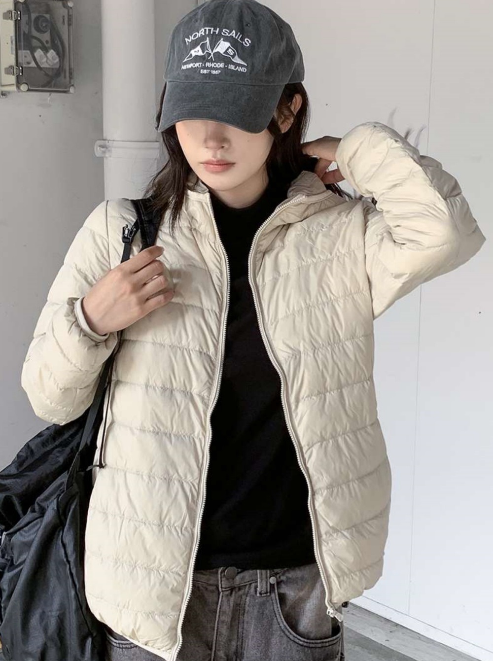 ポーチ付ダックダウン中綿ジップアップフードポケット長袖軽量ダウンジャケット | 詳細画像4