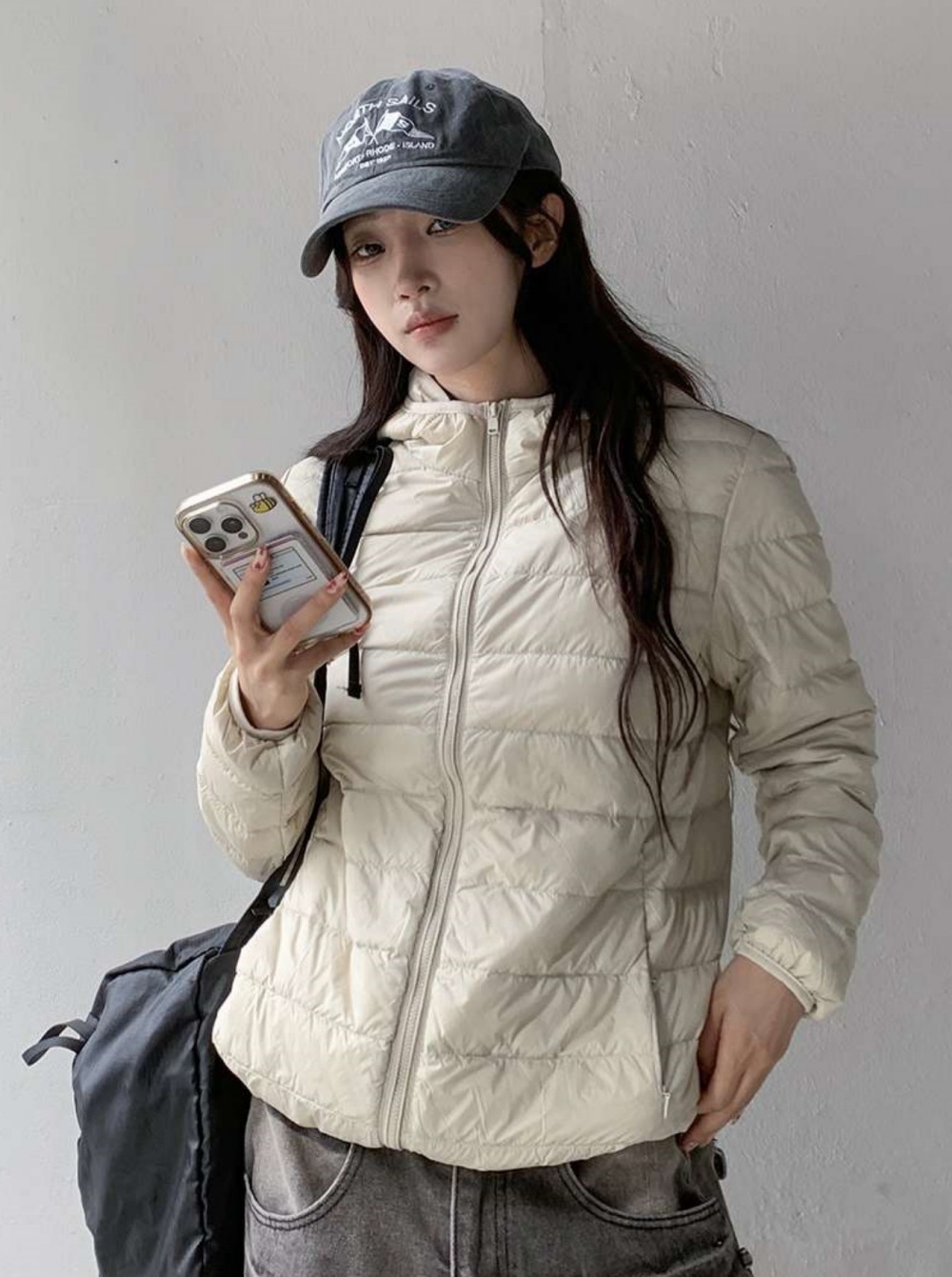 ポーチ付ダックダウン中綿ジップアップフードポケット長袖軽量ダウンジャケット | 詳細画像12