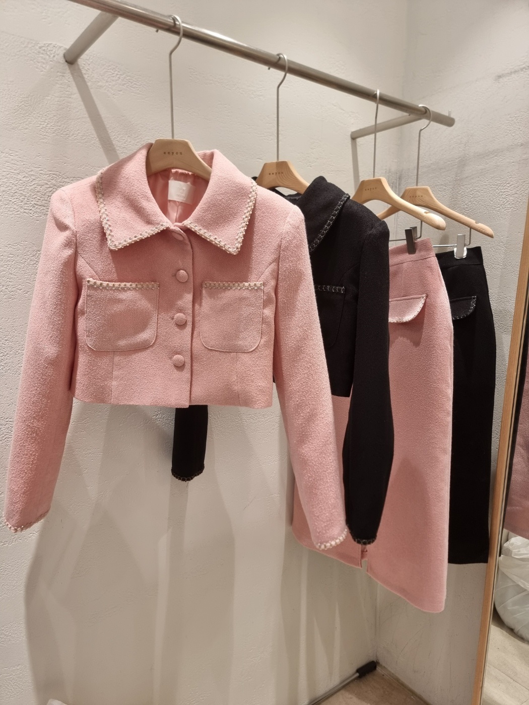 起毛ボタンジップアップカラースリット肩パッドスリムロング長袖配色セットアップスカートジャケット | 詳細画像17