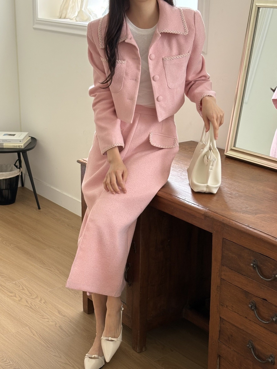 起毛ボタンジップアップカラースリット肩パッドスリムロング長袖配色セットアップスカートジャケット | 詳細画像16