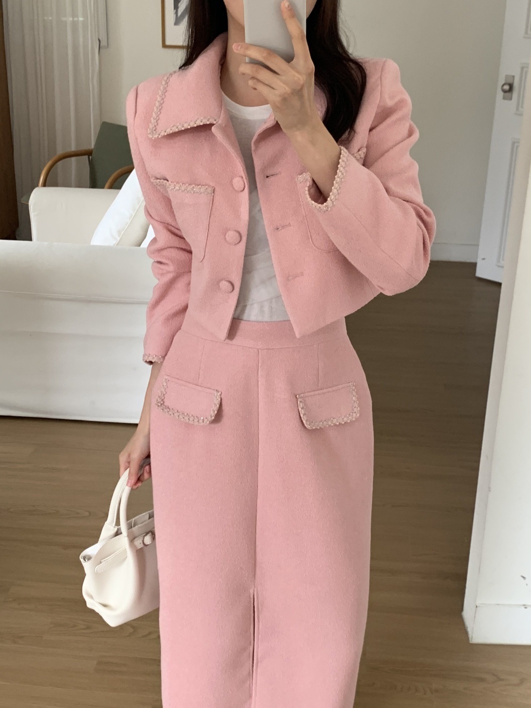 起毛ボタンジップアップカラースリット肩パッドスリムロング長袖配色セットアップスカートジャケット | 詳細画像2