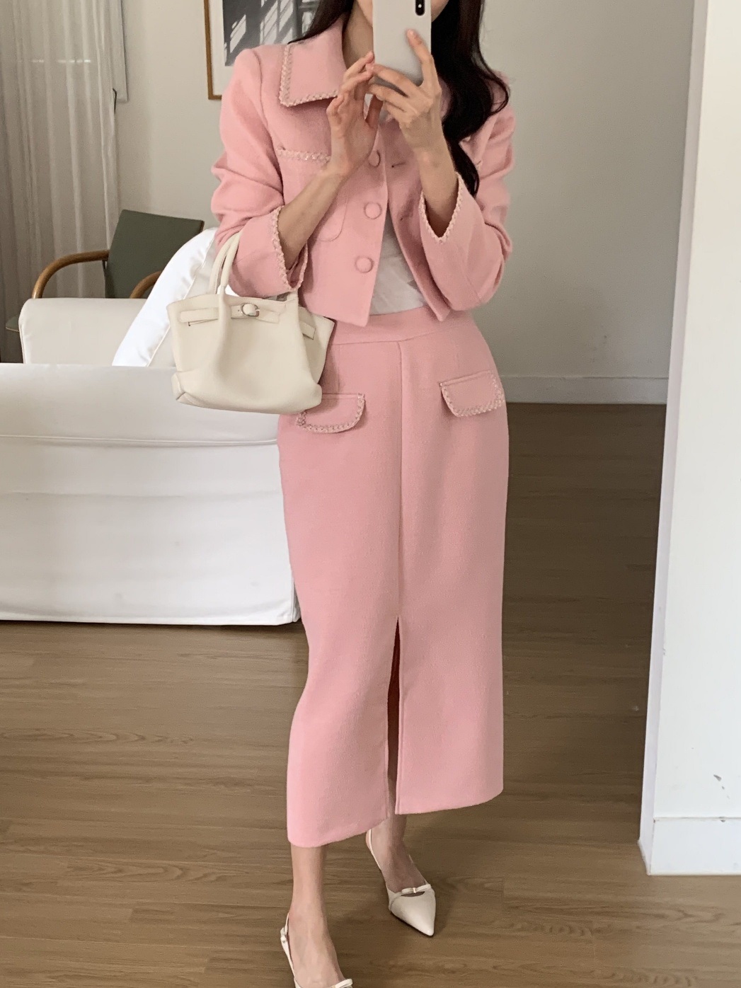 起毛ボタンジップアップカラースリット肩パッドスリムロング長袖配色セットアップスカートジャケット | 詳細画像9