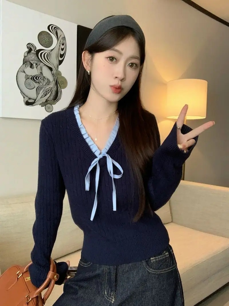 リボンVネックフリルケーブルニット | 詳細画像2