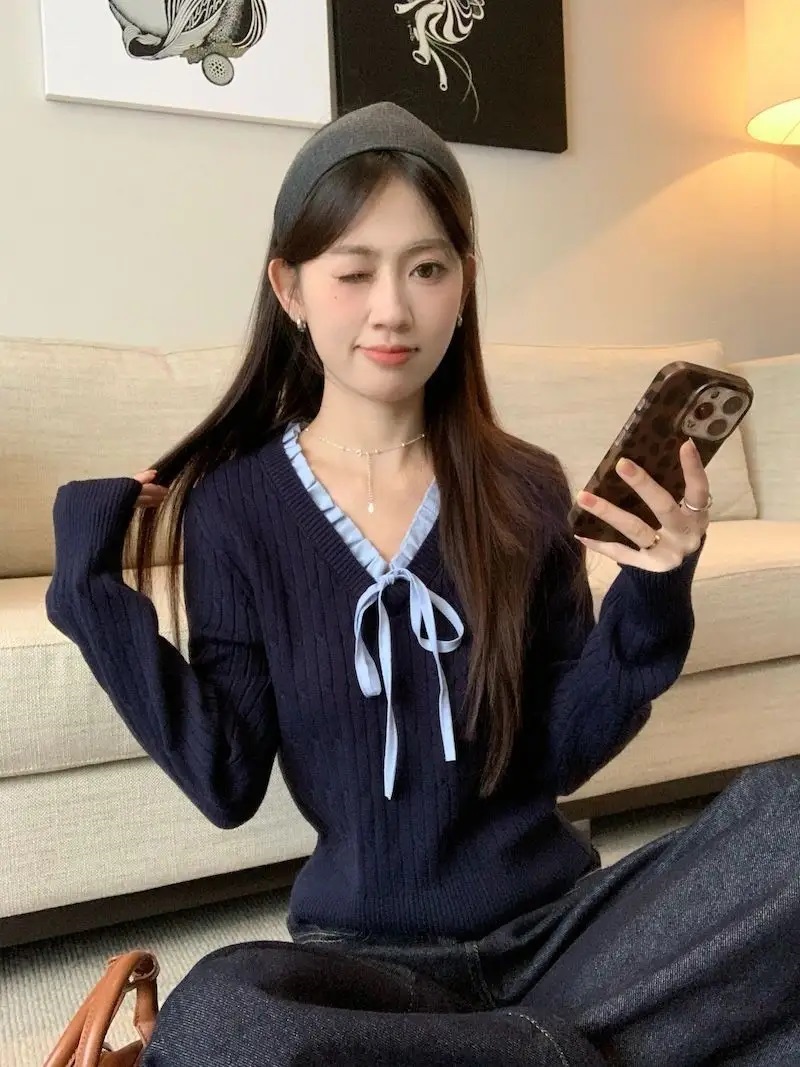 リボンVネックフリルケーブルニット | 詳細画像7