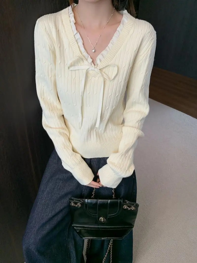 リボンVネックフリルケーブルニット | 詳細画像10