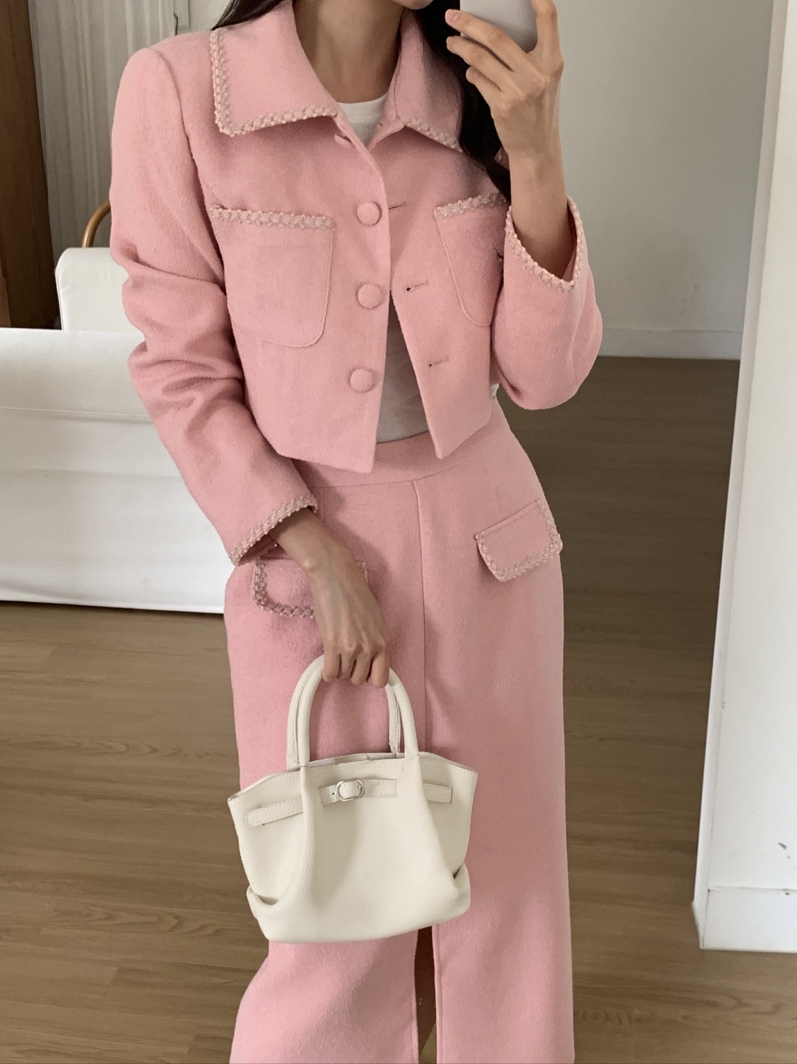 起毛ボタンカラーポケット肩パッド長袖配色ジャケット | 詳細画像4