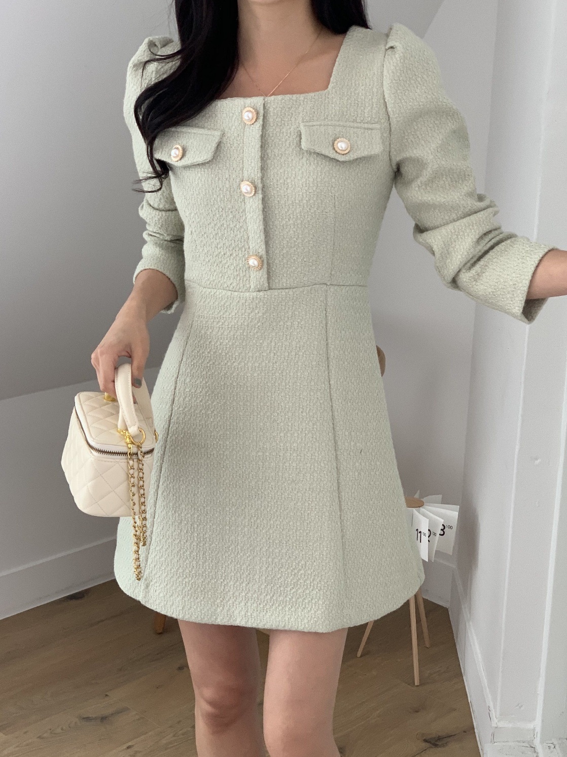 ジップアップスクエアネックパール調ボタンパフスリーブスリムフェイクボタンミニワンピース | 詳細画像8