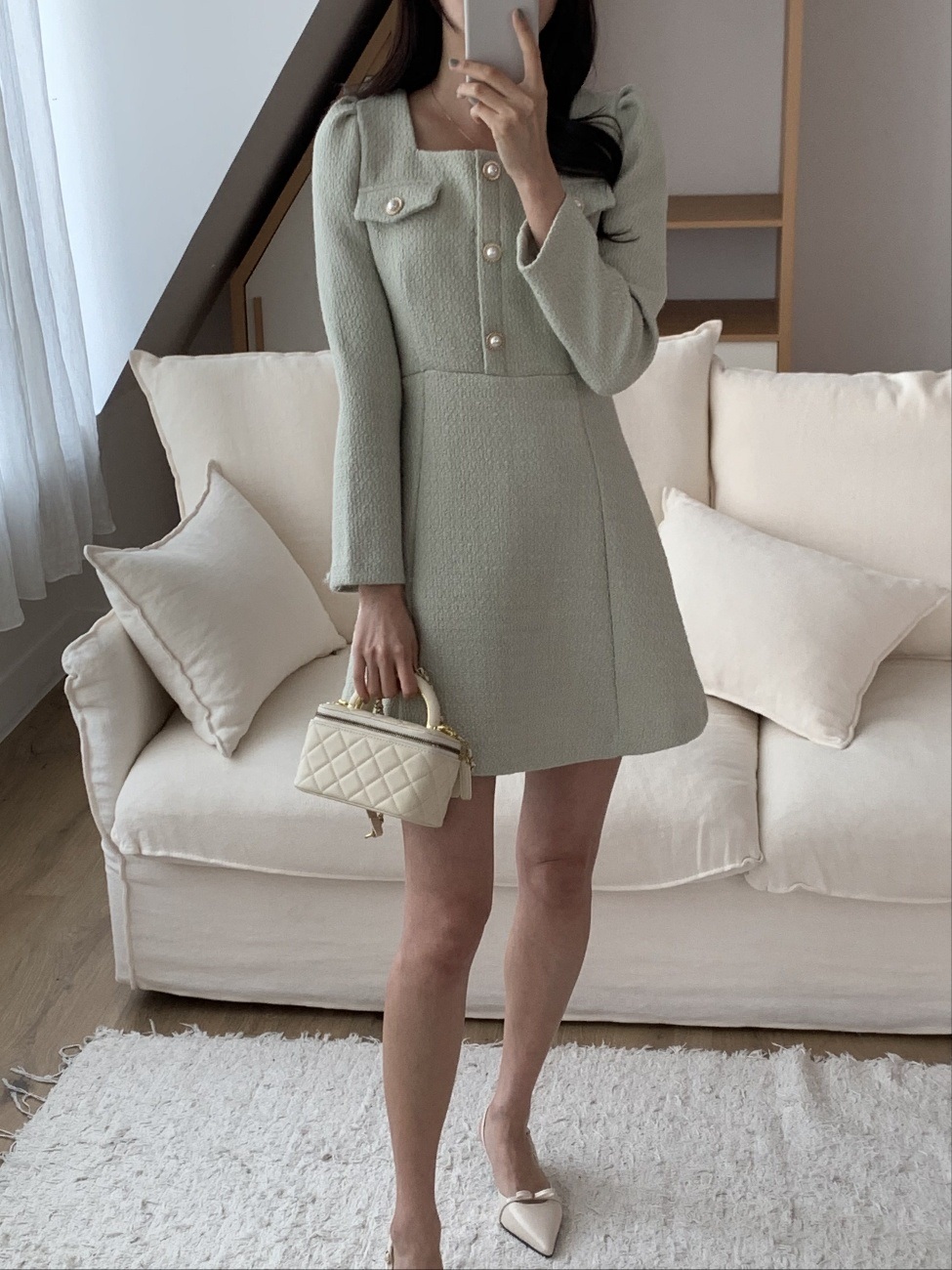 ジップアップスクエアネックパール調ボタンパフスリーブスリムフェイクボタンミニワンピース | 詳細画像17