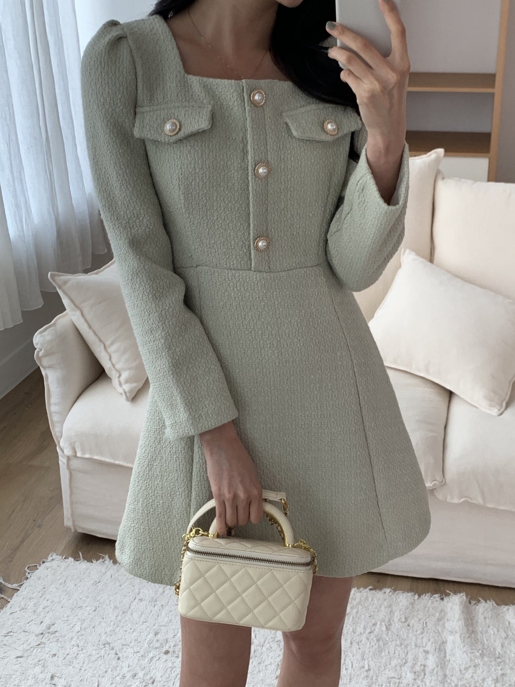 ジップアップスクエアネックパール調ボタンパフスリーブスリムフェイクボタンミニワンピース | 詳細画像18