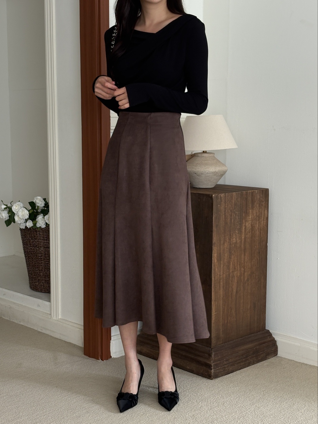 スエード調ジップアップラインロングフレアスカート | 詳細画像7