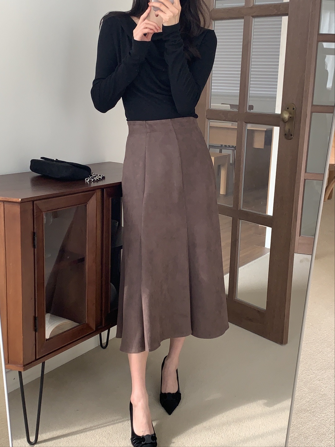 スエード調ジップアップラインロングフレアスカート | 詳細画像13