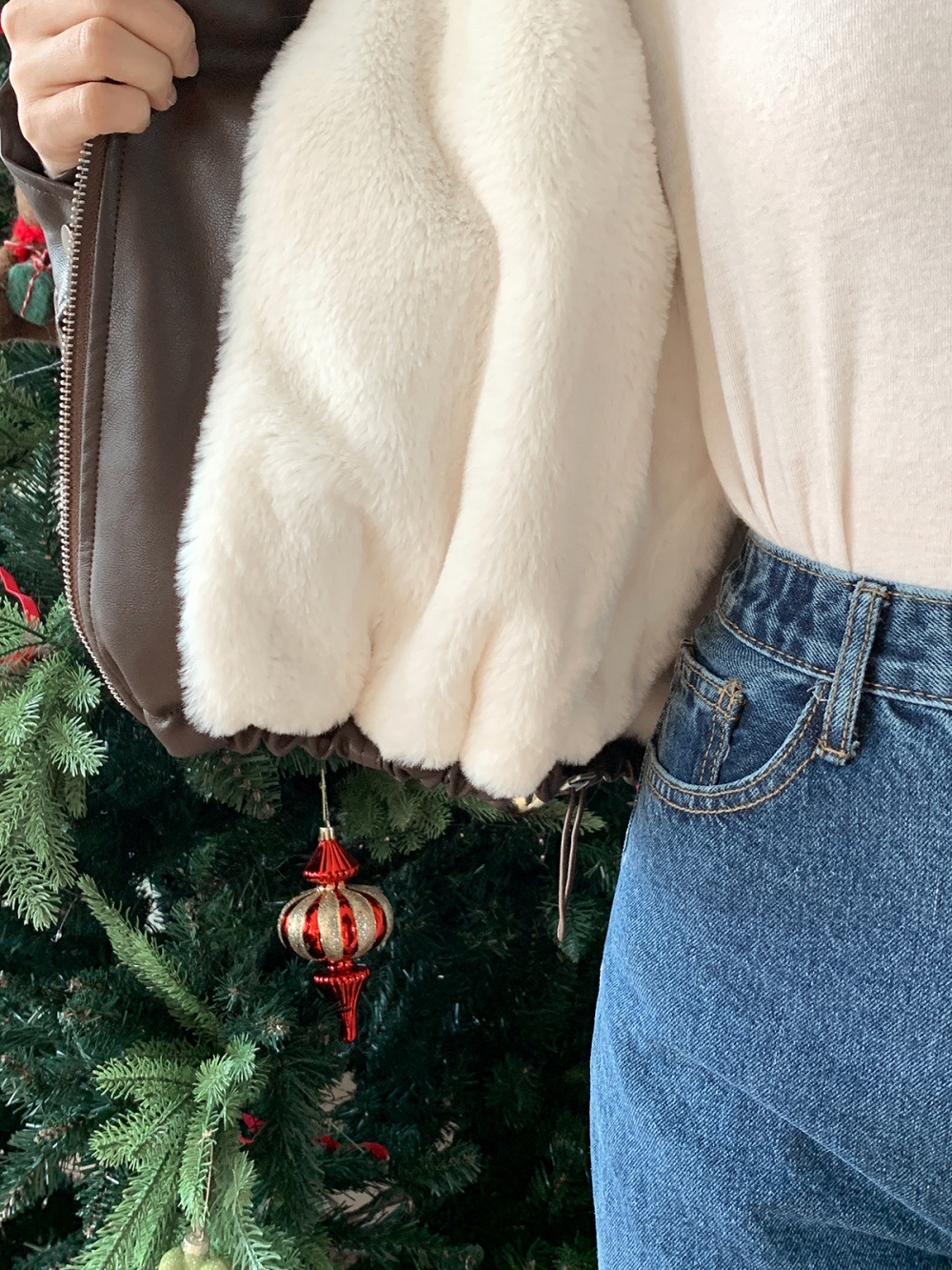 ムートンレザー調エコファージップアップハイネックポケット長袖配色ジャンパー | 詳細画像3