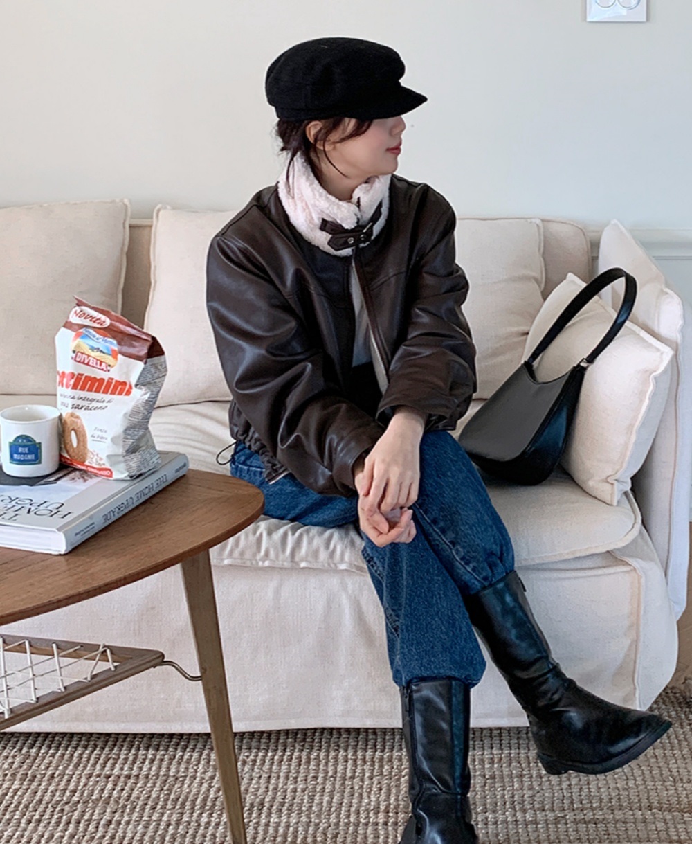 ムートンレザー調エコファージップアップハイネックポケット長袖配色ジャンパー | 詳細画像4