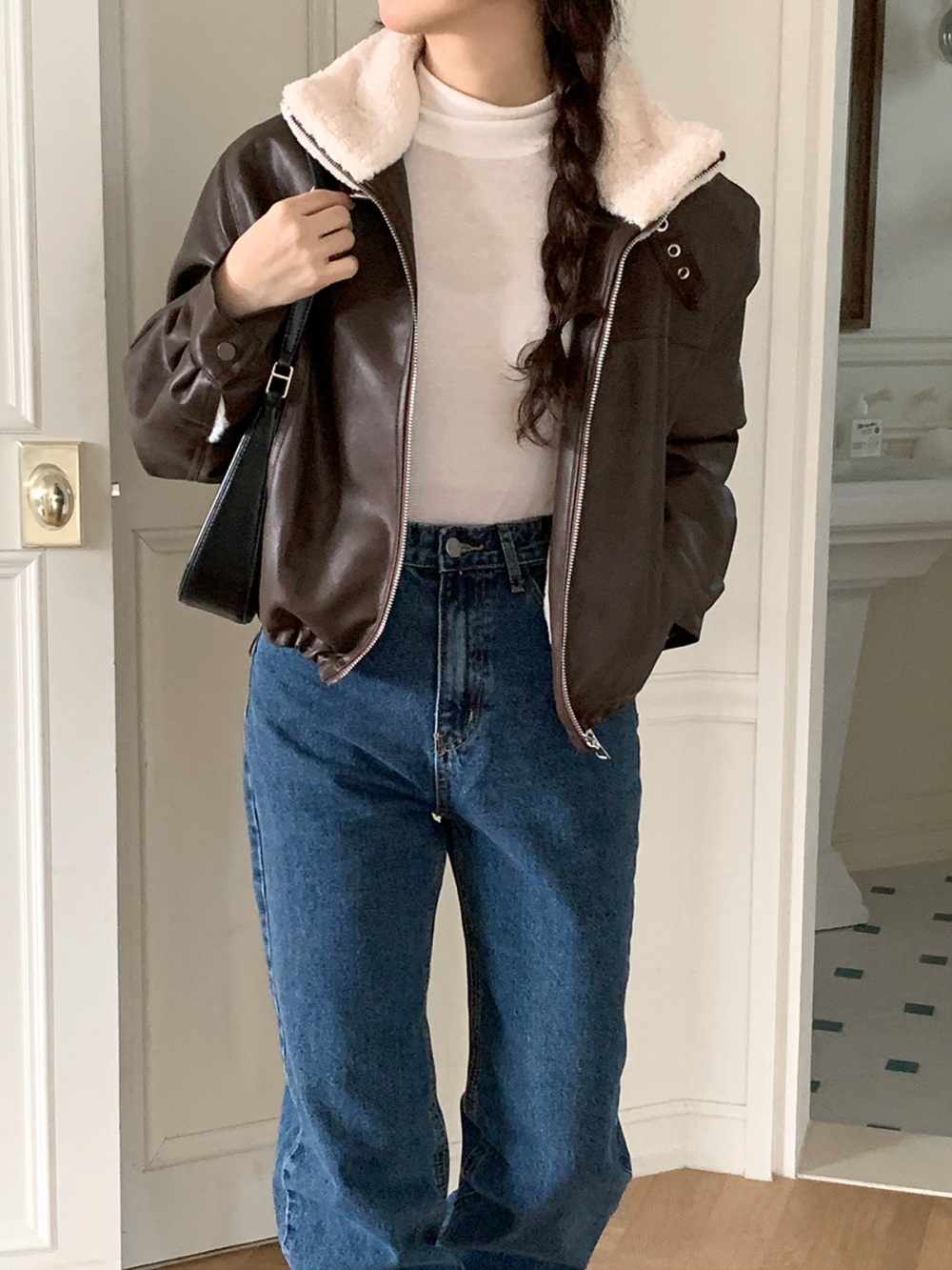 ムートンレザー調エコファージップアップハイネックポケット長袖配色ジャンパー | 詳細画像5