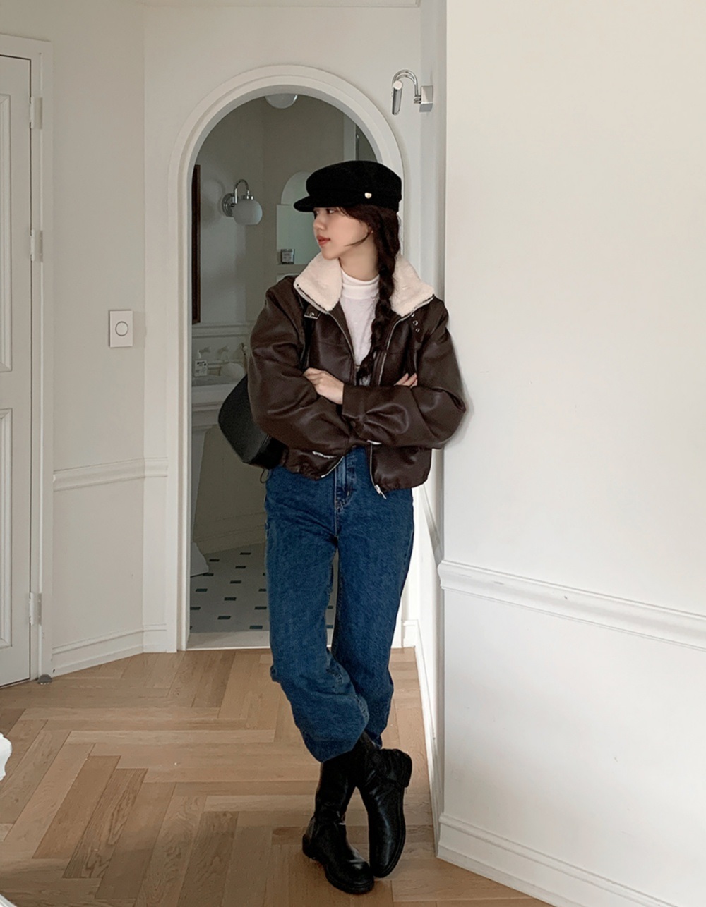 ムートンレザー調エコファージップアップハイネックポケット長袖配色ジャンパー | 詳細画像6