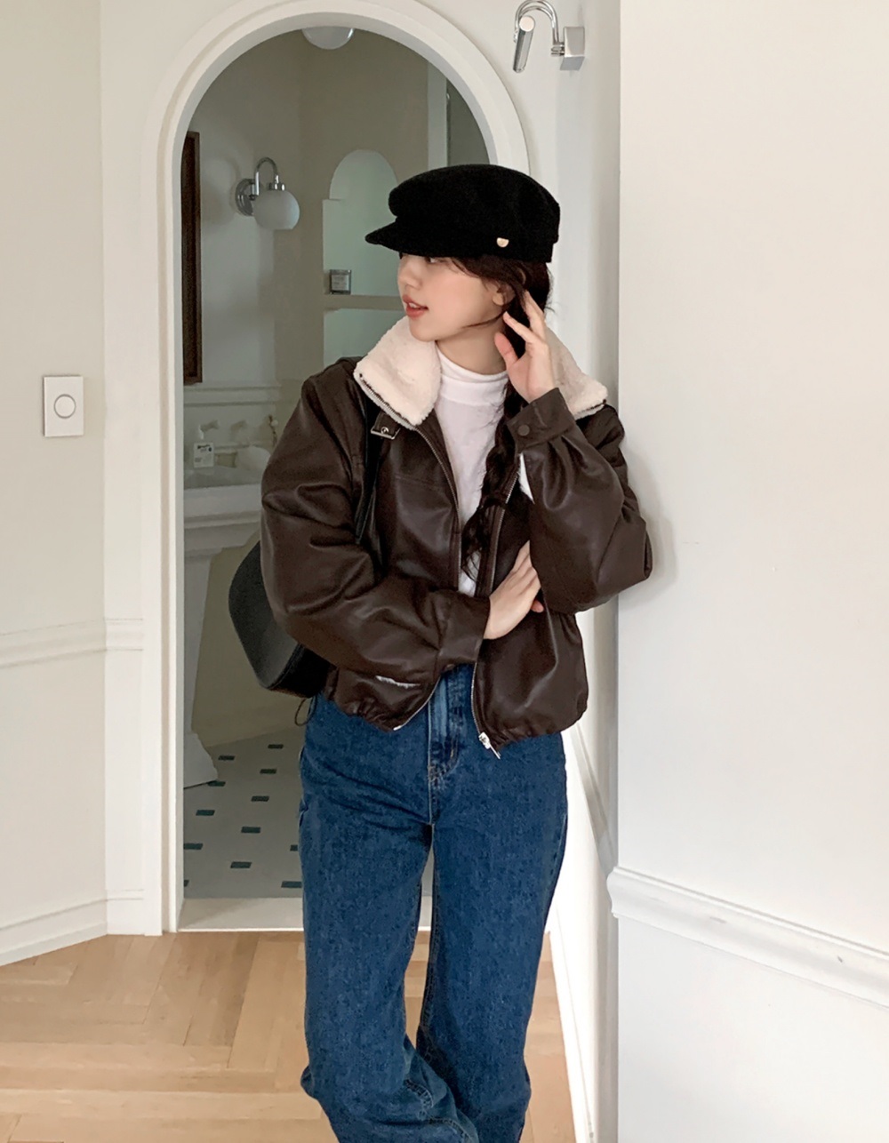 ムートンレザー調エコファージップアップハイネックポケット長袖配色ジャンパー | 詳細画像7