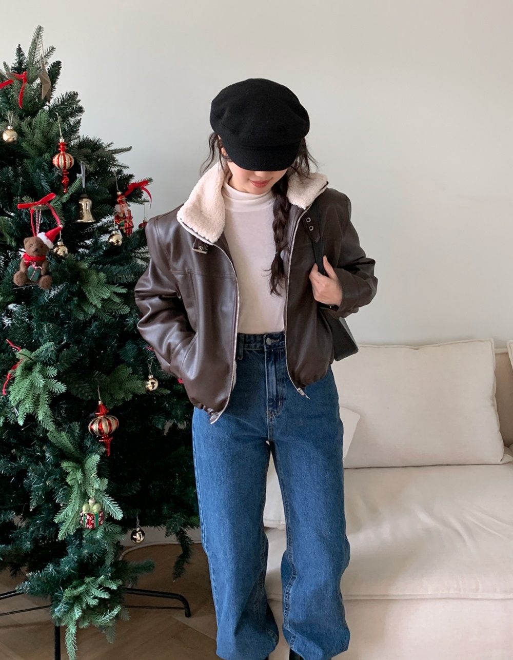 ムートンレザー調エコファージップアップハイネックポケット長袖配色ジャンパー | 詳細画像9