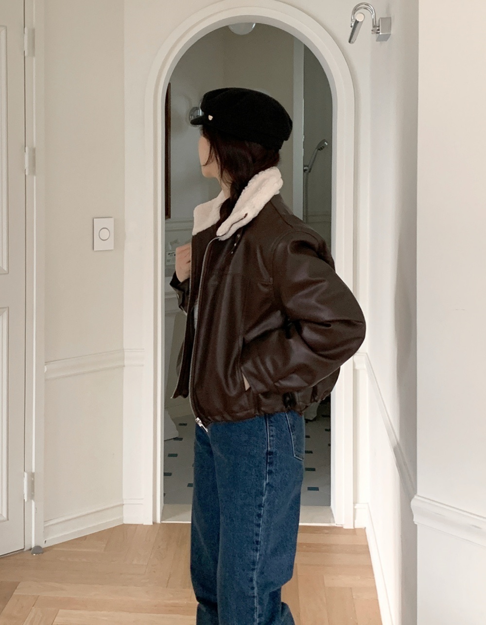 ムートンレザー調エコファージップアップハイネックポケット長袖配色ジャンパー | 詳細画像10