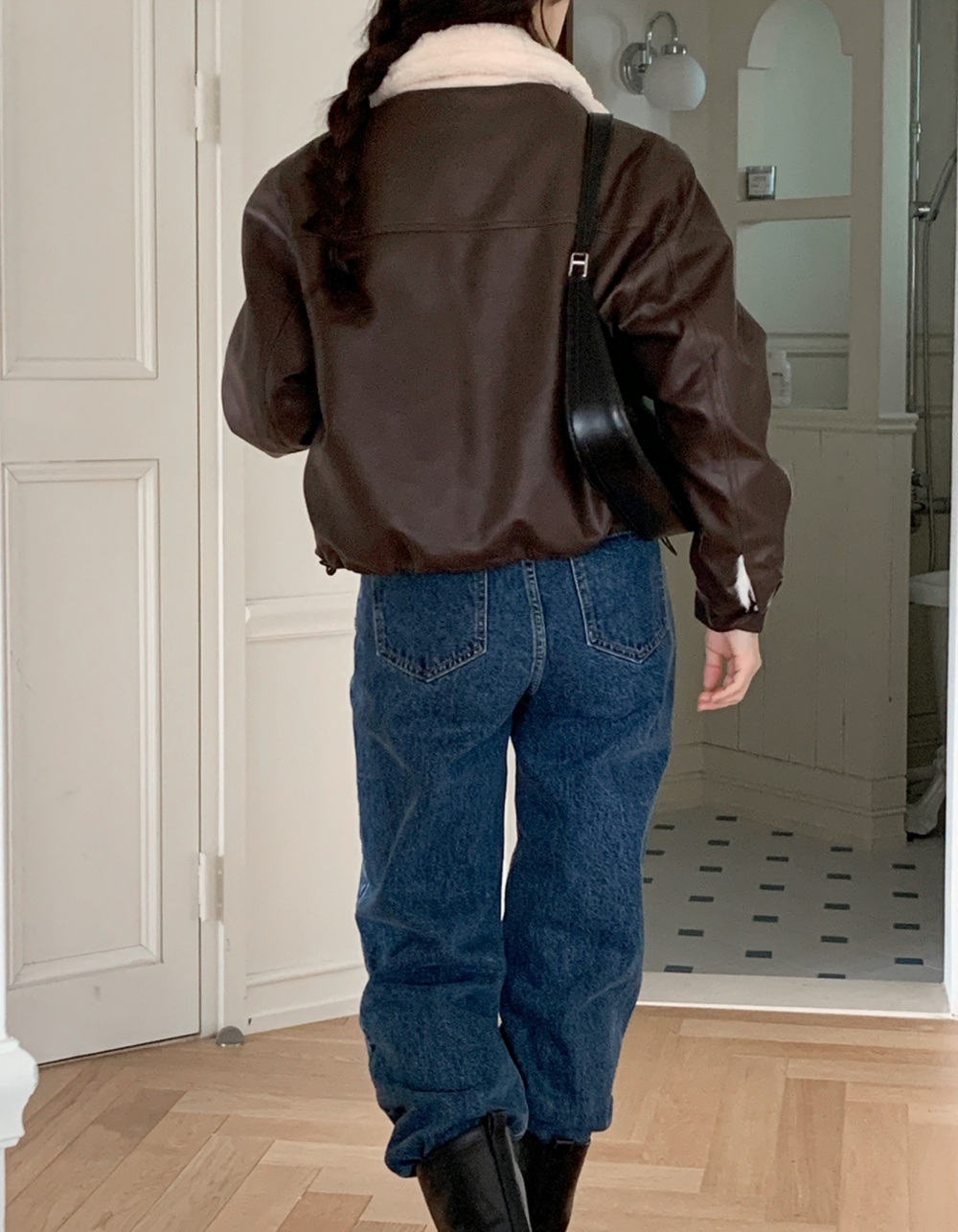 ムートンレザー調エコファージップアップハイネックポケット長袖配色ジャンパー | 詳細画像11