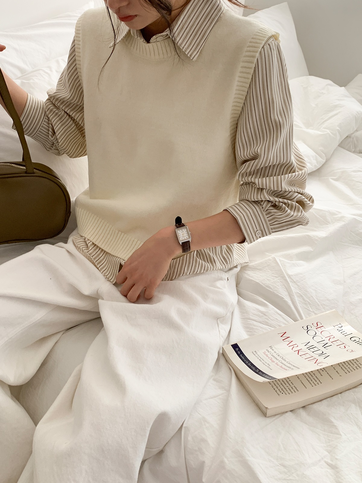 ニットボタンカラールーズ長袖ストライプシャツベストアンサンブル | 詳細画像2