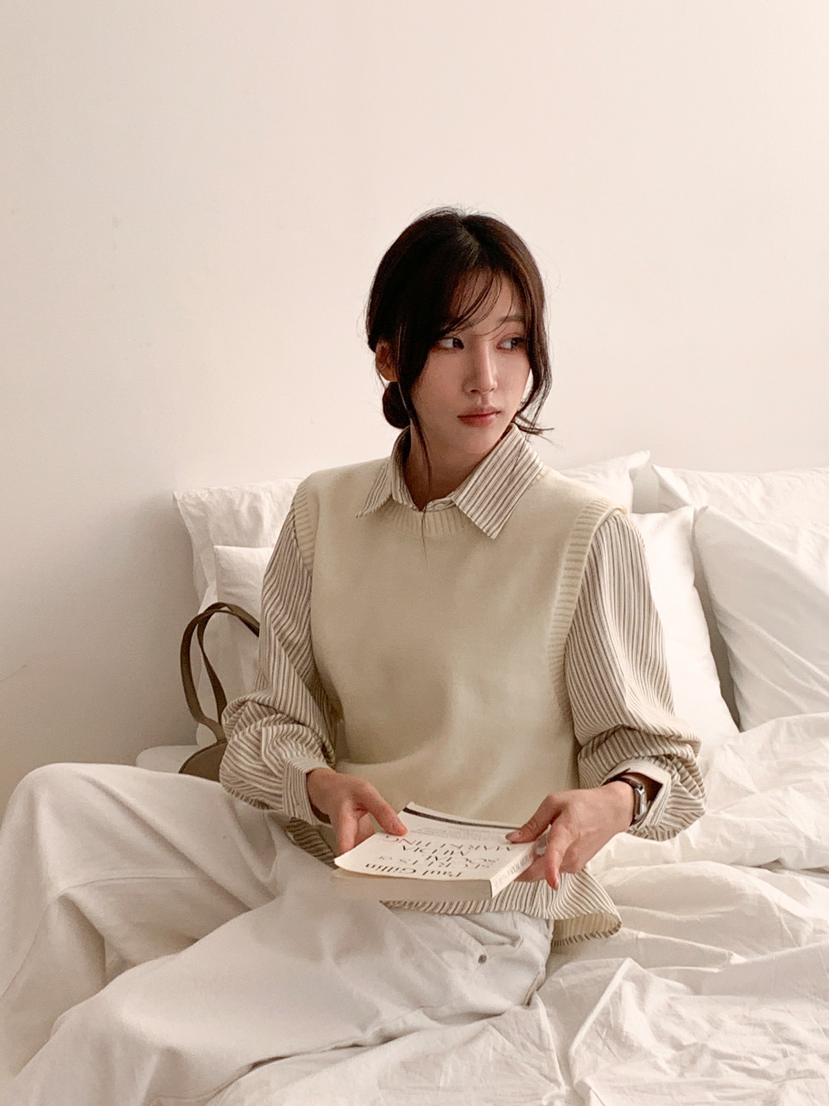 ニットボタンカラールーズ長袖ストライプシャツベストアンサンブル | 詳細画像3