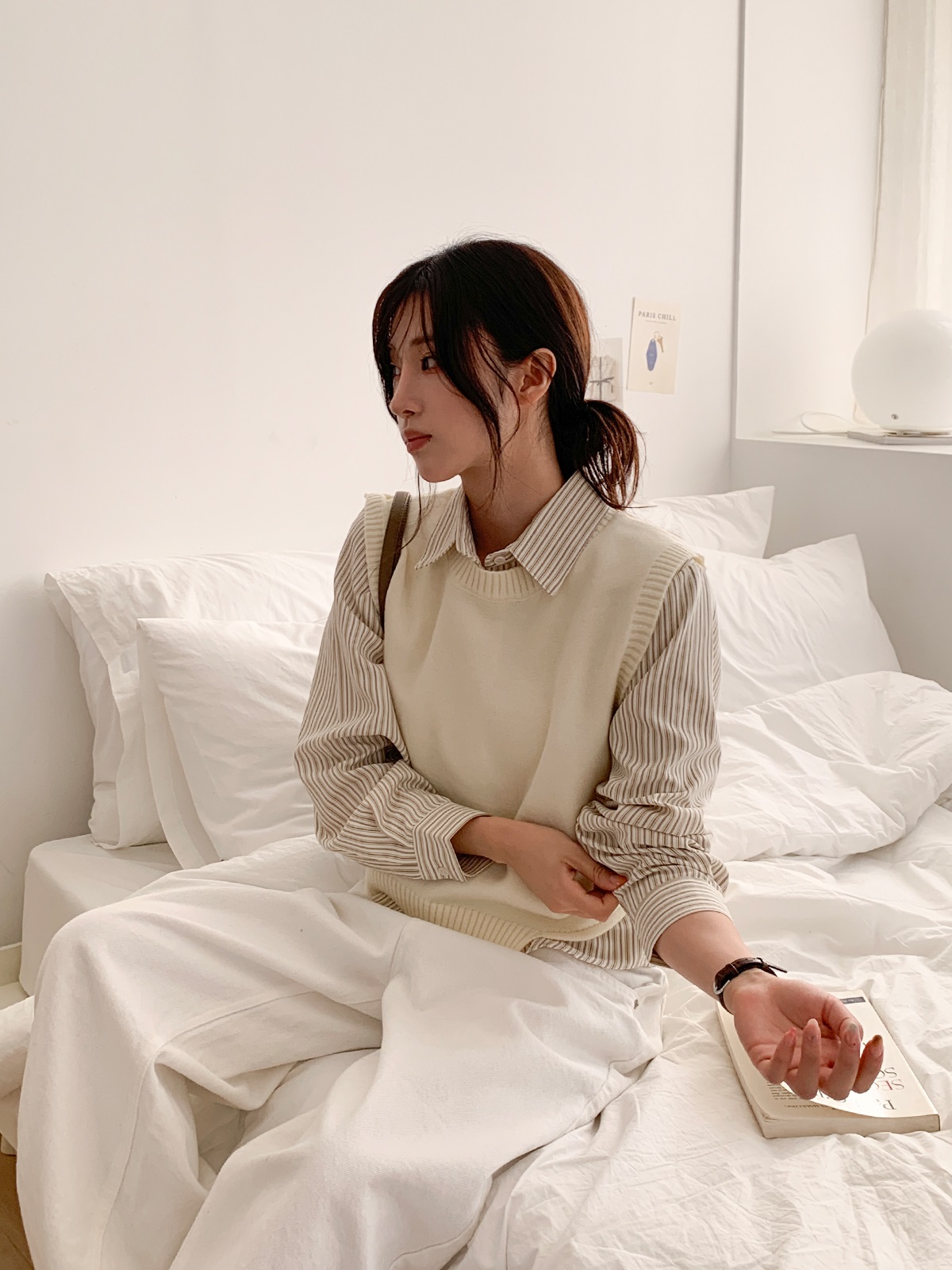 ニットボタンカラールーズ長袖ストライプシャツベストアンサンブル | 詳細画像4