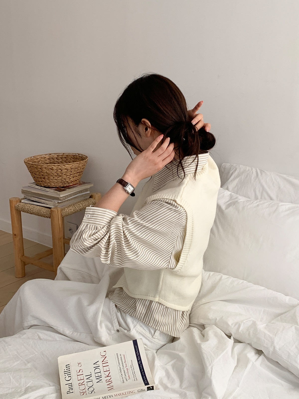 ニットボタンカラールーズ長袖ストライプシャツベストアンサンブル | 詳細画像5