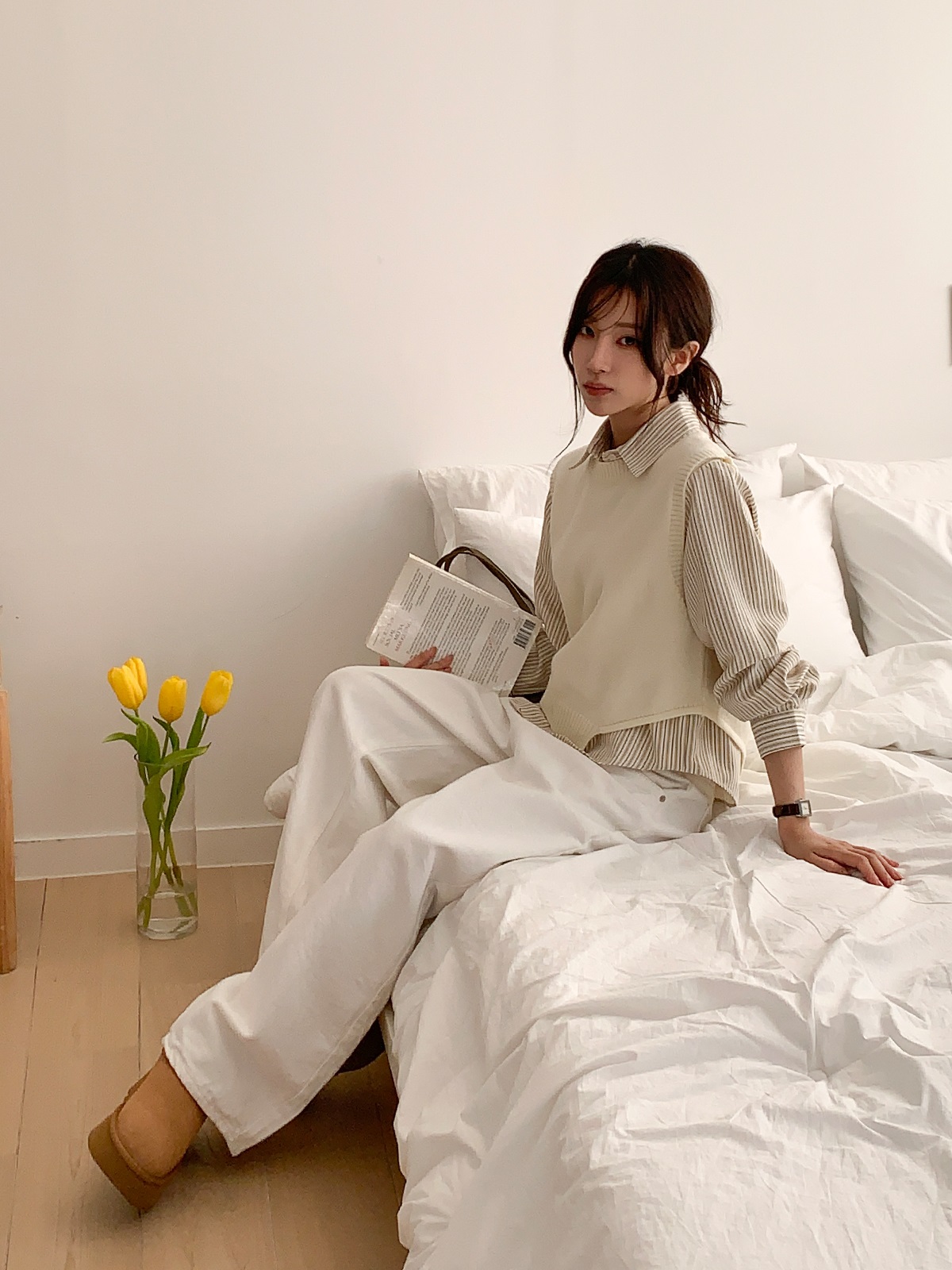 ニットボタンカラールーズ長袖ストライプシャツベストアンサンブル | 詳細画像6