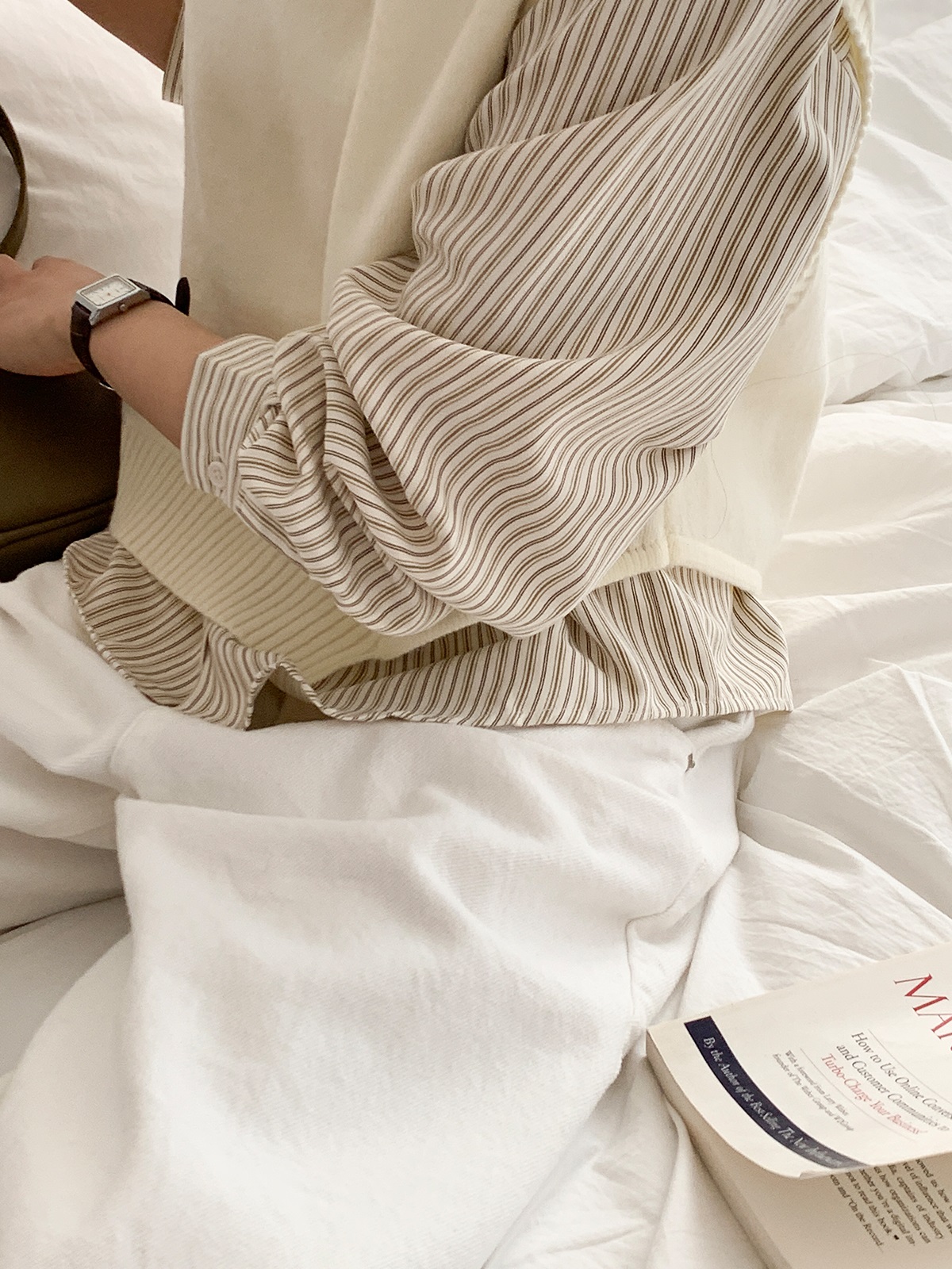 ニットボタンカラールーズ長袖ストライプシャツベストアンサンブル | 詳細画像7