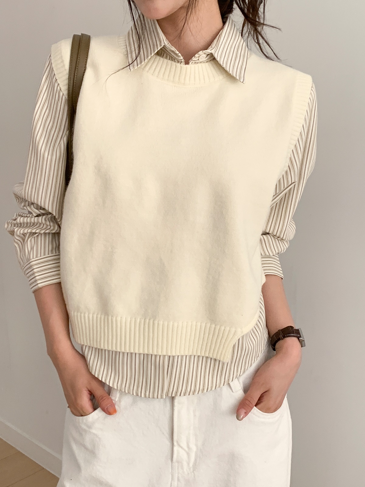 ニットボタンカラールーズ長袖ストライプシャツベストアンサンブル | 詳細画像8