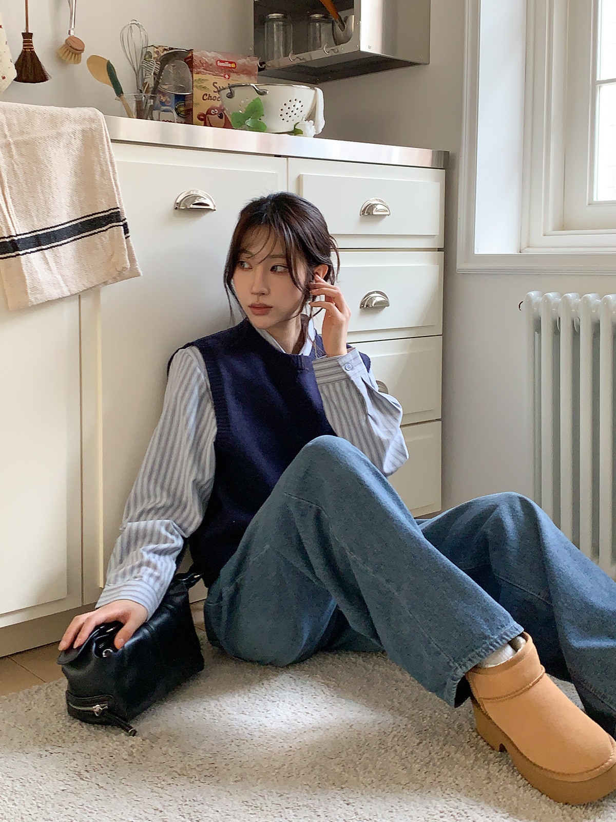 ニットボタンカラールーズ長袖ストライプシャツベストアンサンブル | 詳細画像9