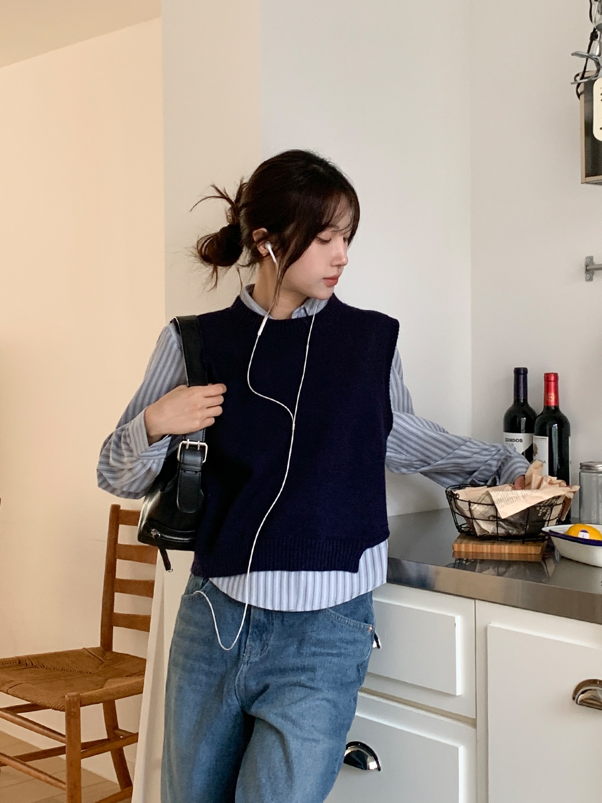 ニットボタンカラールーズ長袖ストライプシャツベストアンサンブル | 詳細画像10