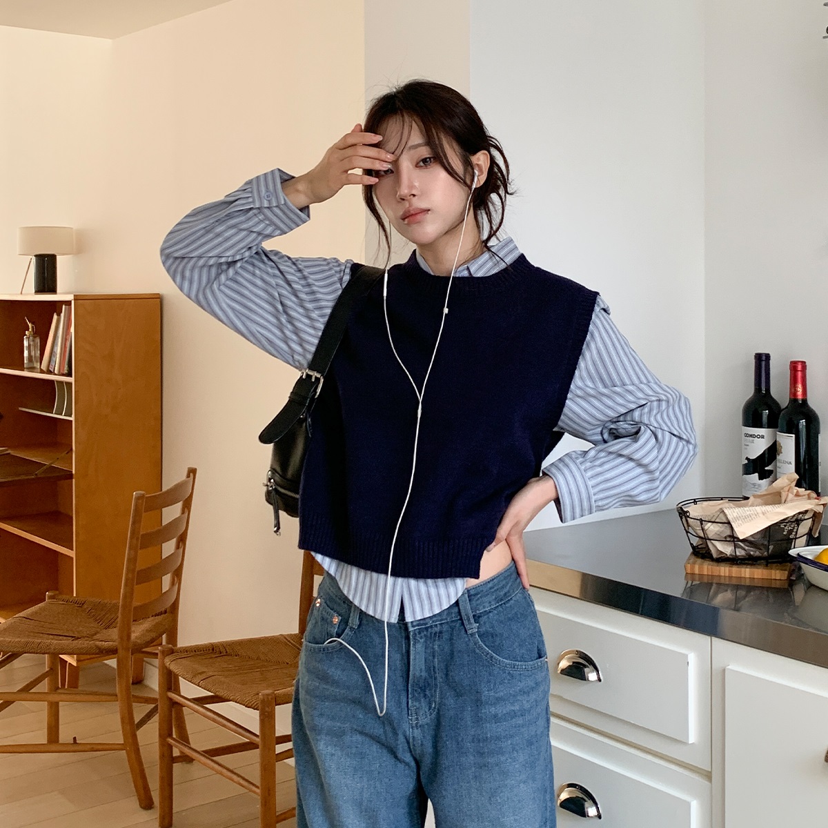 ニットボタンカラールーズ長袖ストライプシャツベストアンサンブル | 詳細画像11