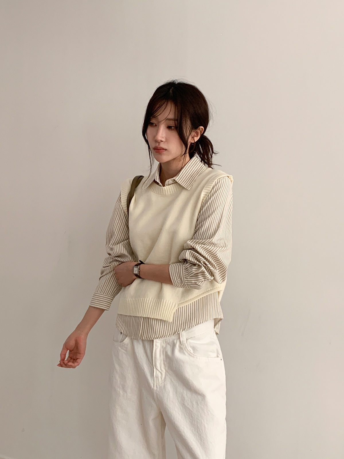 ニットボタンカラールーズ長袖ストライプシャツベストアンサンブル | 詳細画像12