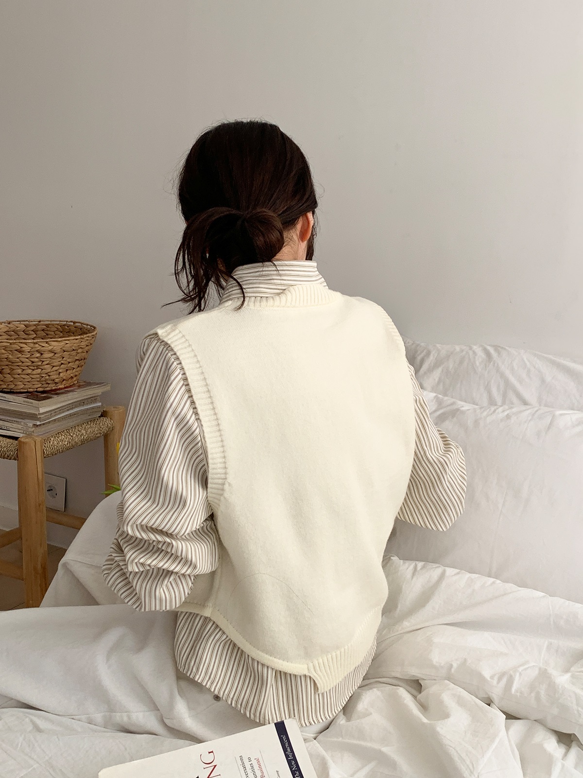 ニットボタンカラールーズ長袖ストライプシャツベストアンサンブル | 詳細画像15