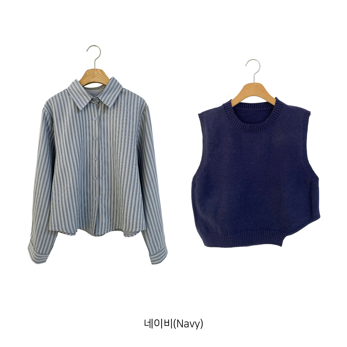 ニットボタンカラールーズ長袖ストライプシャツベストアンサンブル | 詳細画像16