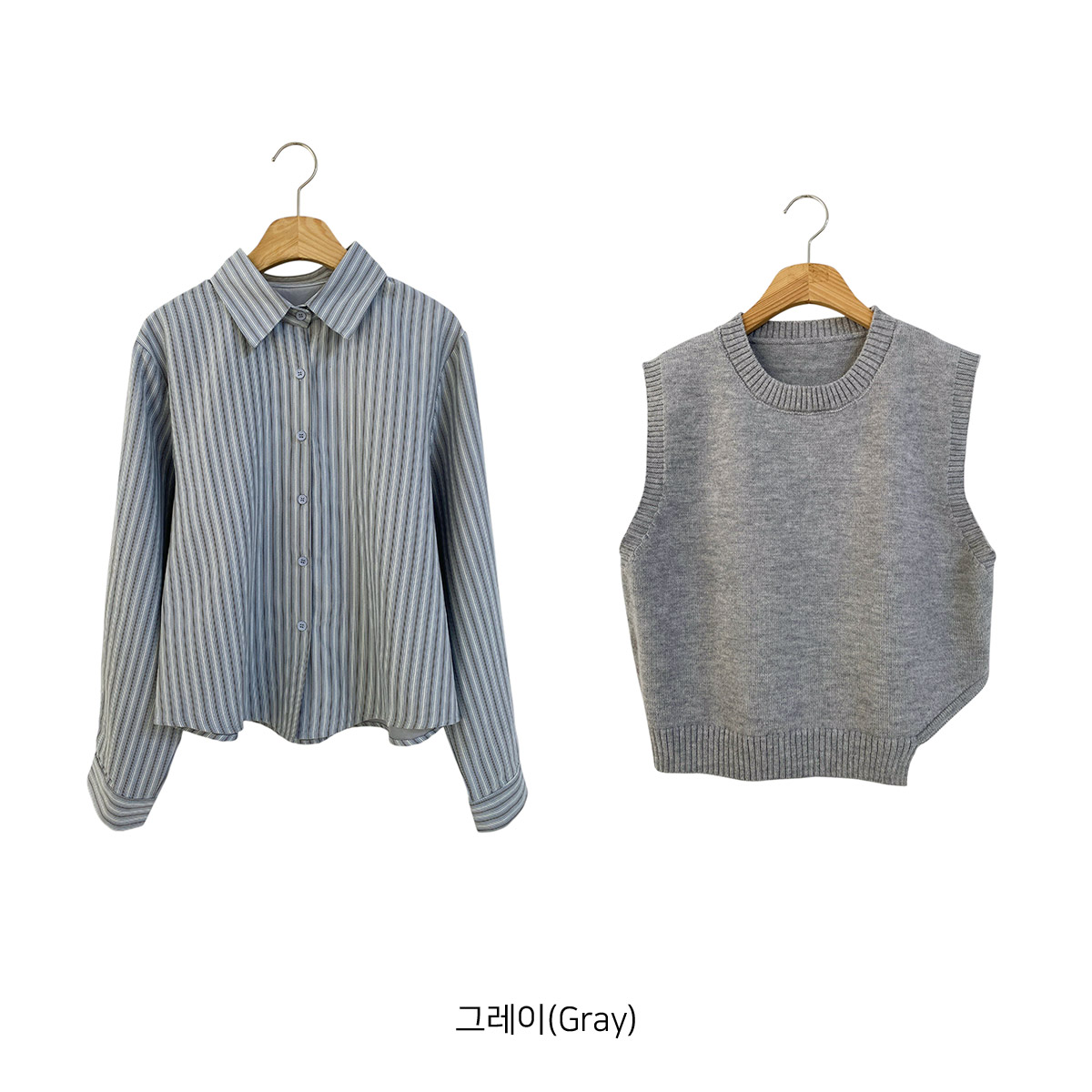 ニットボタンカラールーズ長袖ストライプシャツベストアンサンブル | 詳細画像17