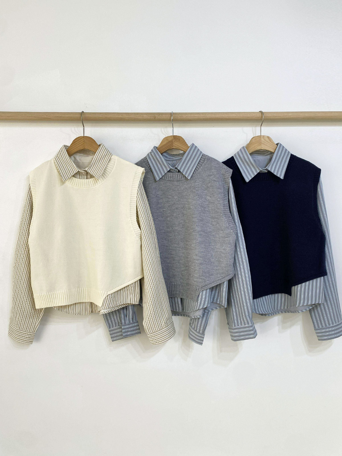 ニットボタンカラールーズ長袖ストライプシャツベストアンサンブル | 詳細画像20