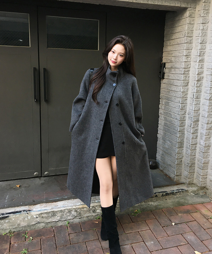 ストラップ付ウール混ロング長袖ボタンハイネックコート | レディース