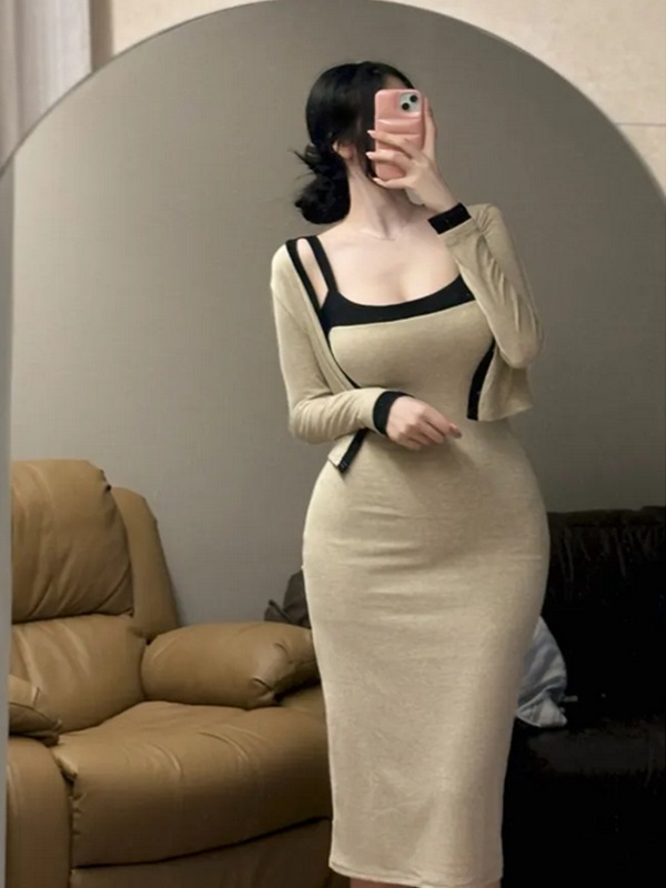 ニットストレッチスリムロング長袖配色セットアップワンピースカーディガン | 詳細画像2