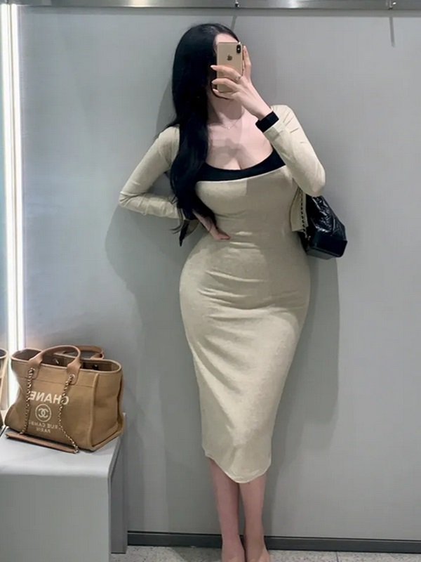 ニットストレッチスリムロング長袖配色セットアップワンピースカーディガン | 詳細画像3