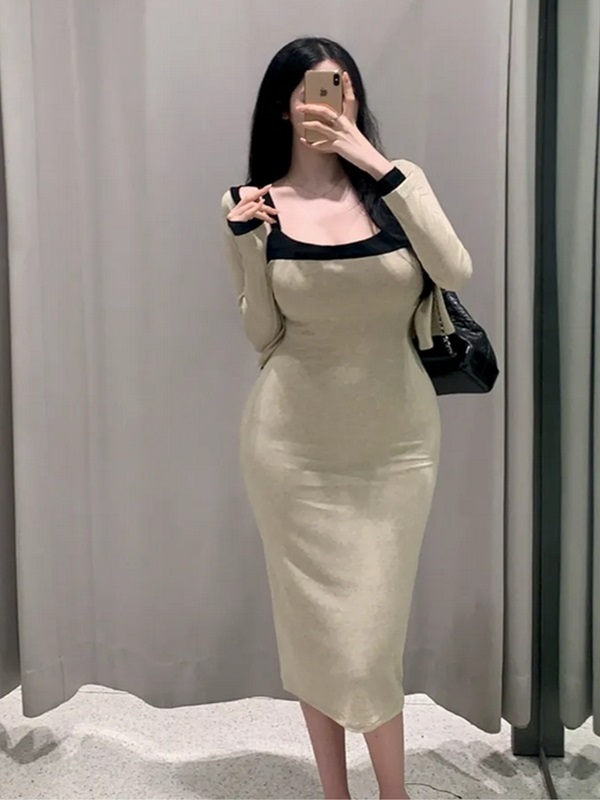 ニットストレッチスリムロング長袖配色セットアップワンピースカーディガン | 詳細画像4