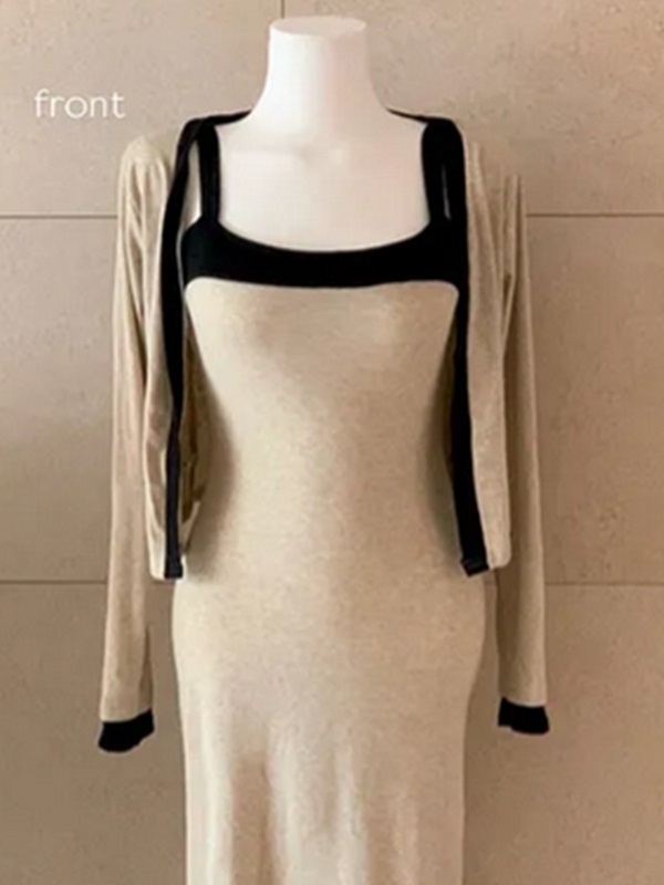 ニットストレッチスリムロング長袖配色セットアップワンピースカーディガン | 詳細画像5